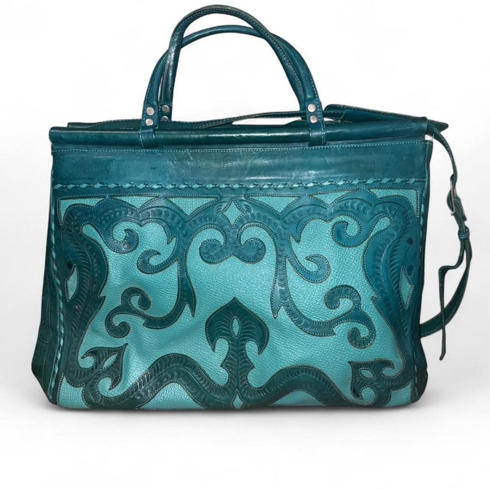 Leaders in Leather Hand Tooled Cutout Tooled Teal Green Tooled Weekender - Picture 1 of 8